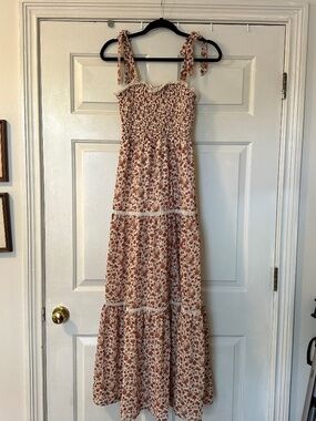 Altar'd State Floral Print Tiered Maxi Dress Smocked Bodice Tie Straps Women's S
